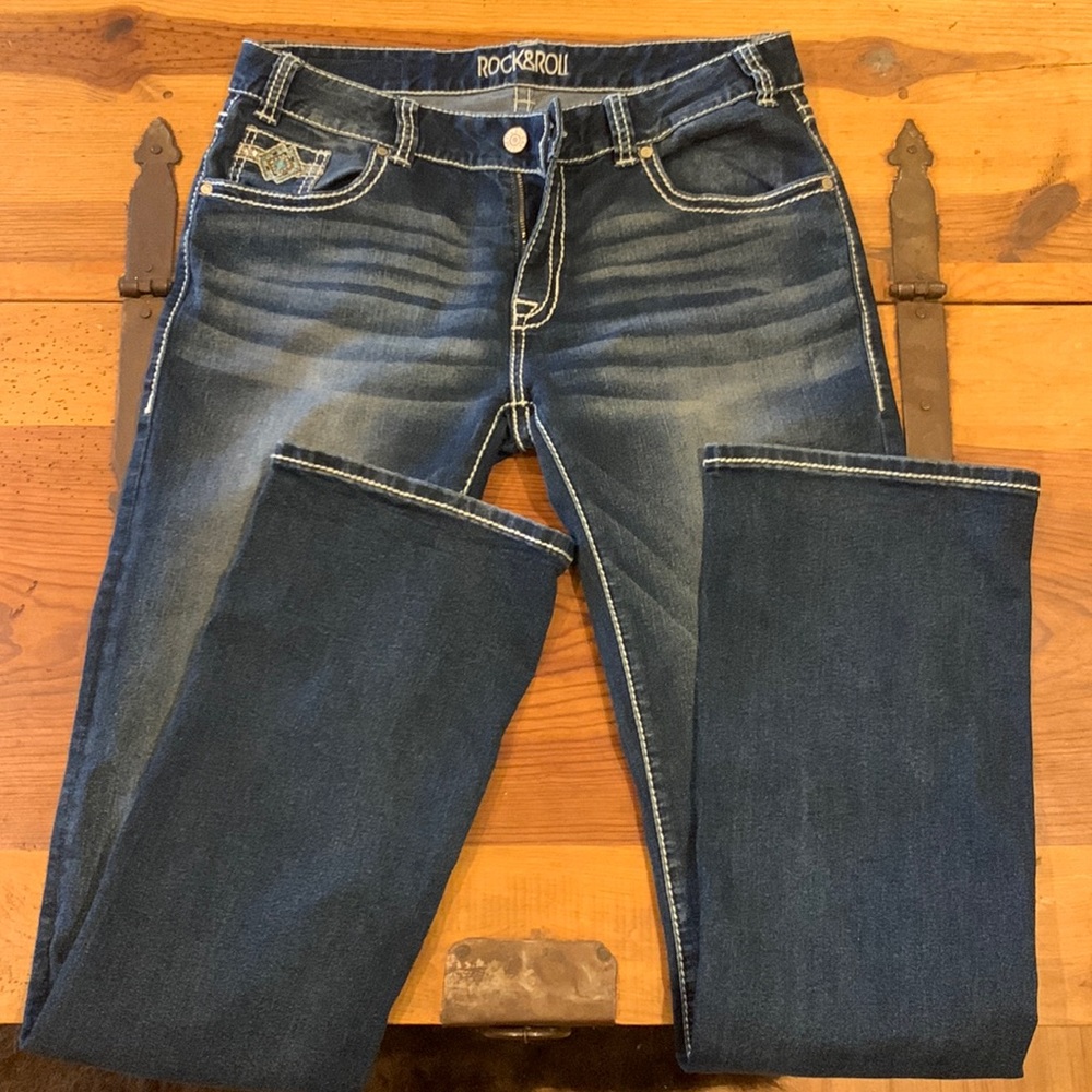 Rock & Roll Cowgirl Denim Jeans. Size~10, length~36.